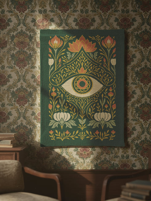 A 26x36 inch woven wall tapestry featuring a large, stylized all-seeing eye with a geometric, cathedral-like pupil. The eye is set on a moody dark green background, surrounded by a symmetrical, antique-style floral and foliage pattern in gold, cream, and red-orange. This vertical textile art evokes a dark academia, gothic, and mystical aesthetic. From a black owned shop.